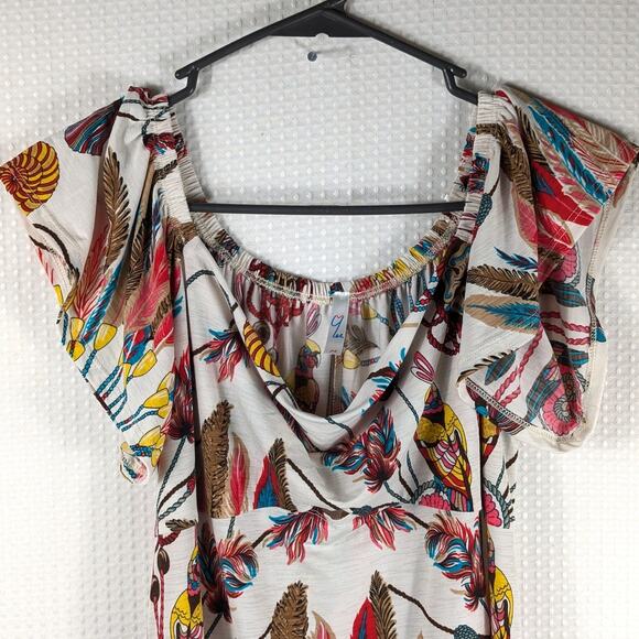 Y-Liee M Made in USA Multicolor Parrot Feather Print Dress Flutter Sleeve Boho - Picture 3 of 6